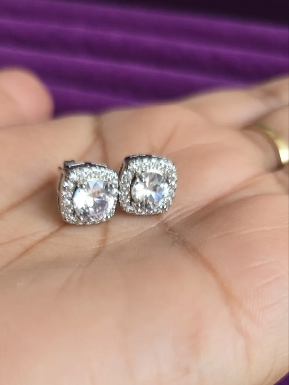 Classic Cushion Halo Cubic Moissanite Stud Earrings in Sterling Silver
